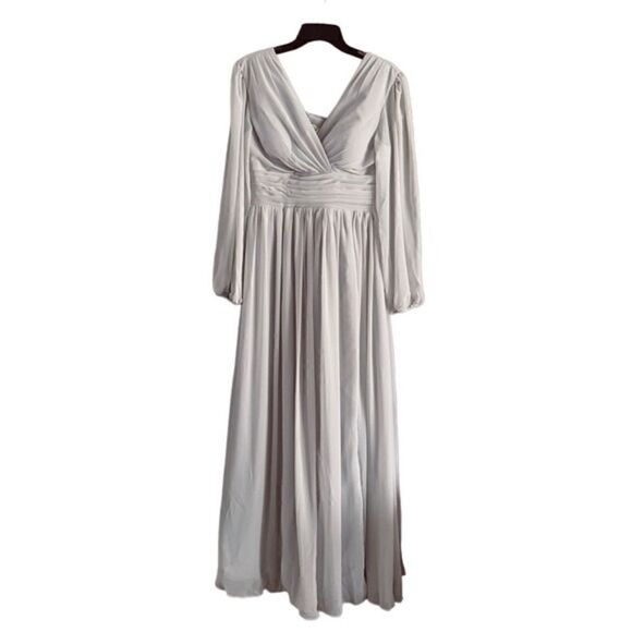 Lavetir Silver Chiffon V-Neck Long Formal A-Line Dress Lace Up Back Size Small - Picture 3 of 14